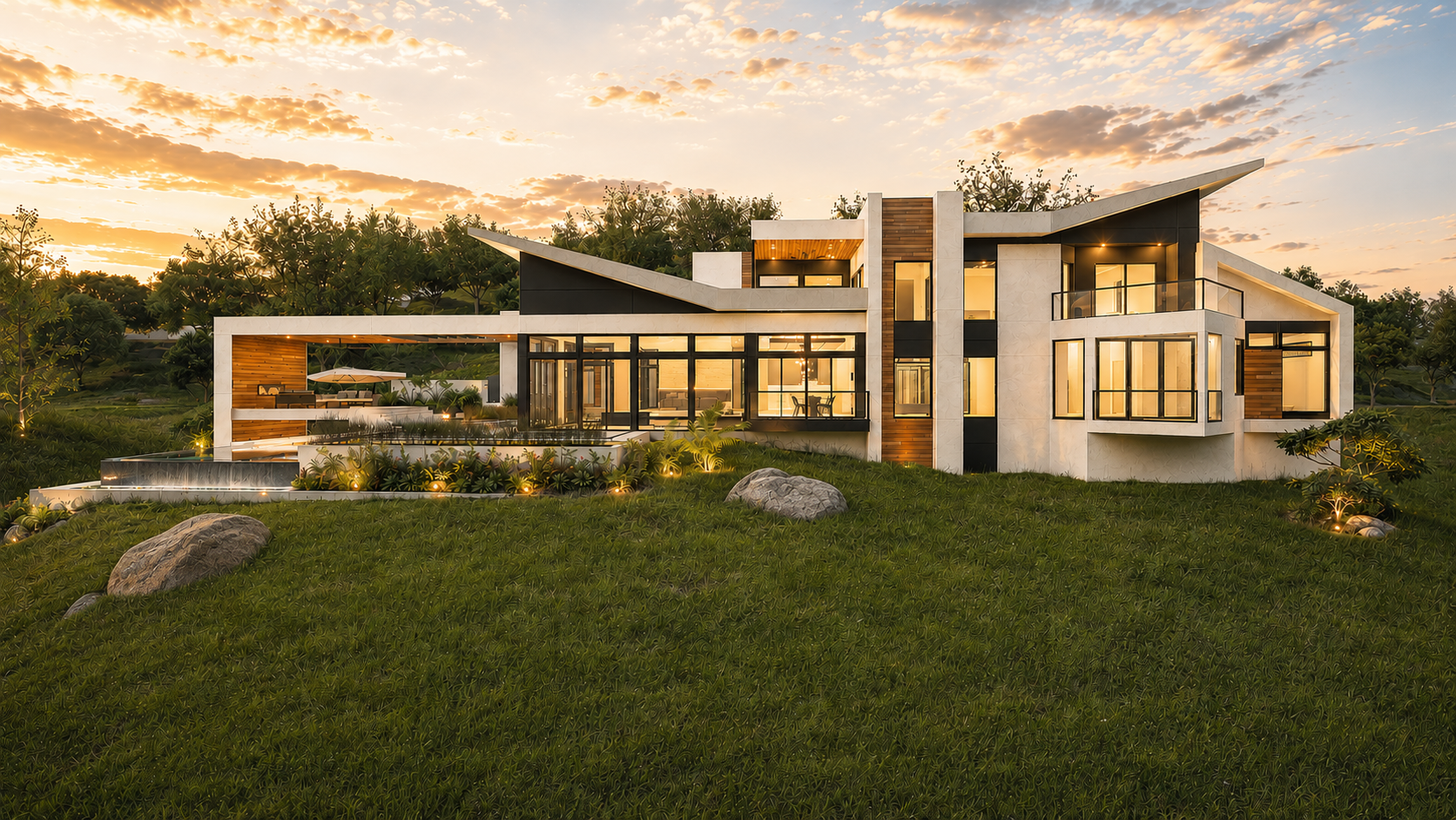 Rear elevation rendering with expansive glazing, terraces and angular rooflines