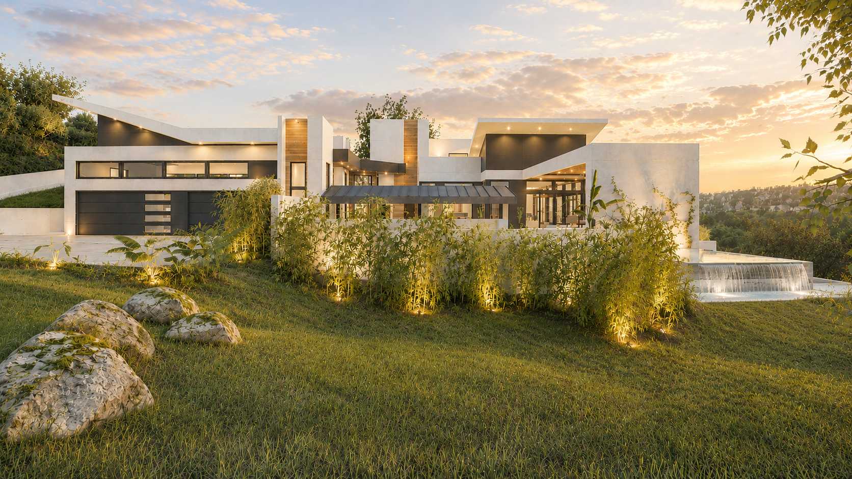 Side elevation rendering showing the garage, covered outdoor space and pool edge