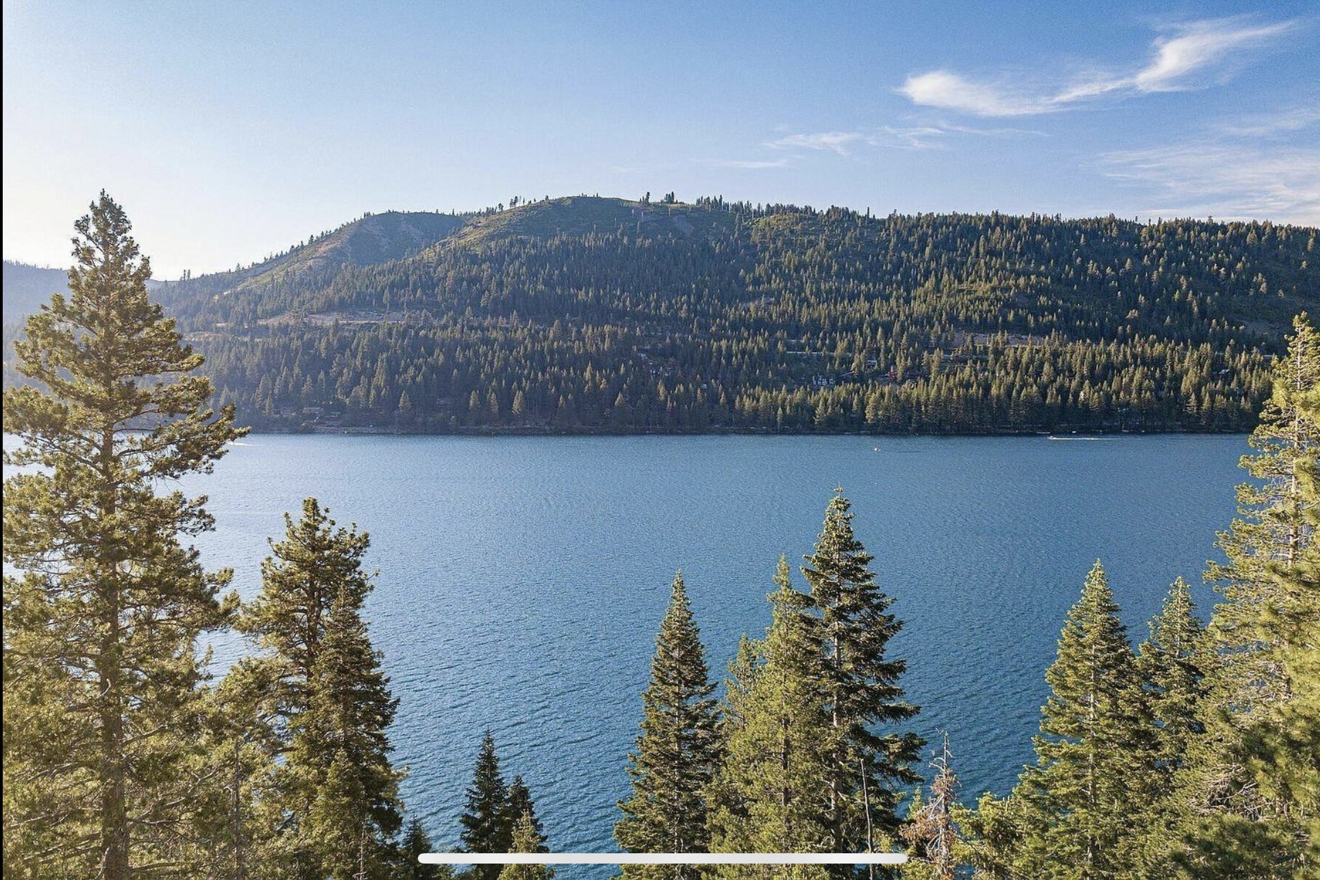 Lake and forested ridgeline viewed through the pines from the Donner Residence