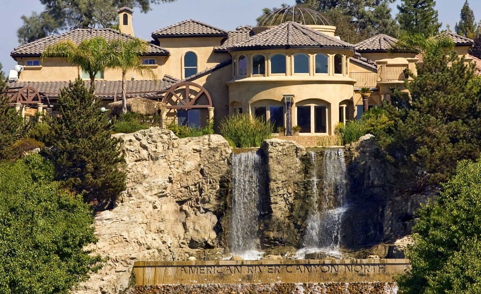 Waterfall landscape and rear elevation of the completed Waterfall House